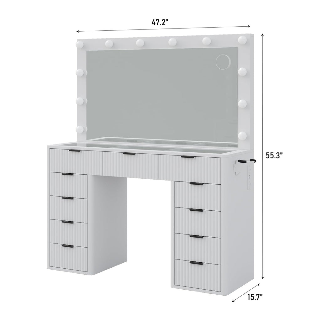 47" White Vanity Desk with 3-Color LED Mirror & 11 Drawers A937
