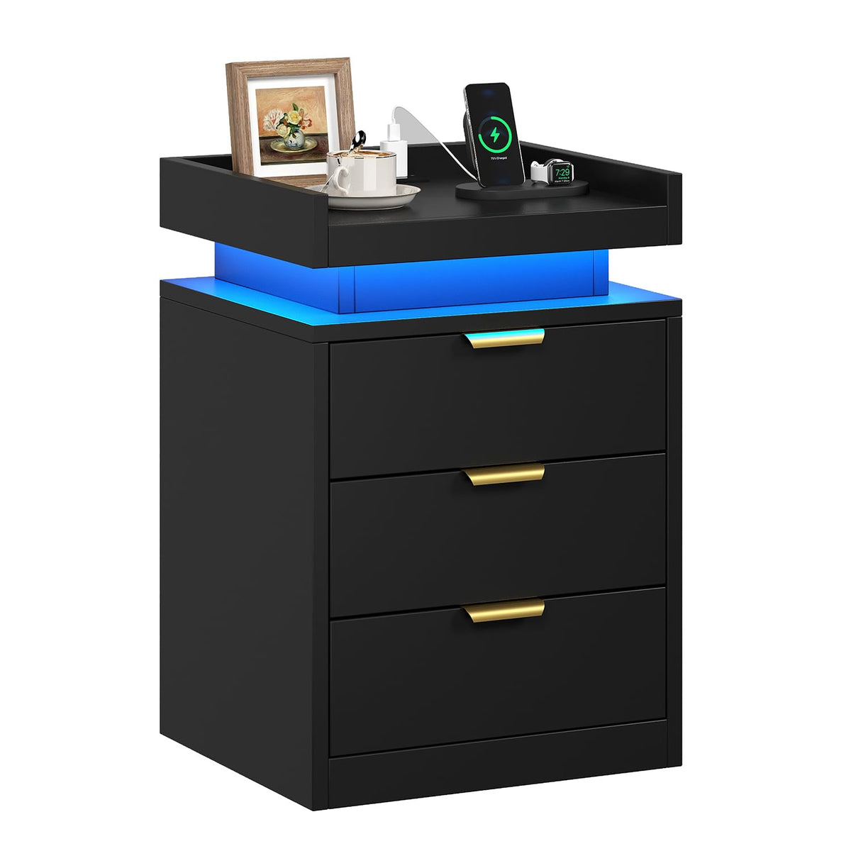 Black 3 Drawer LED Nightstand with Charging Station I687382