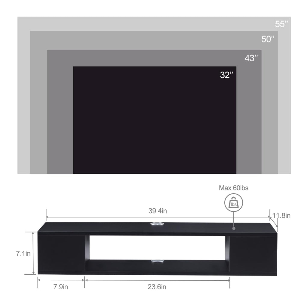 Black Wall Mounted Floating TV Stand with Storage A1136