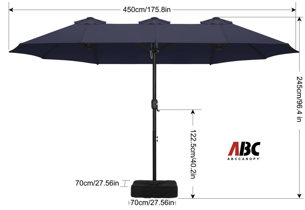 15FT Double-Sided Rectangle Patio Umbrella with Base Navy Blue D93324