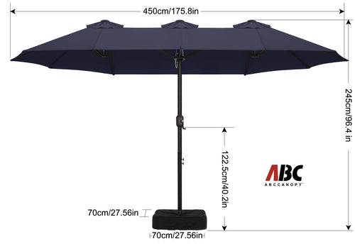 15FT Double-Sided Rectangle Patio Umbrella with Base Navy Blue D93324