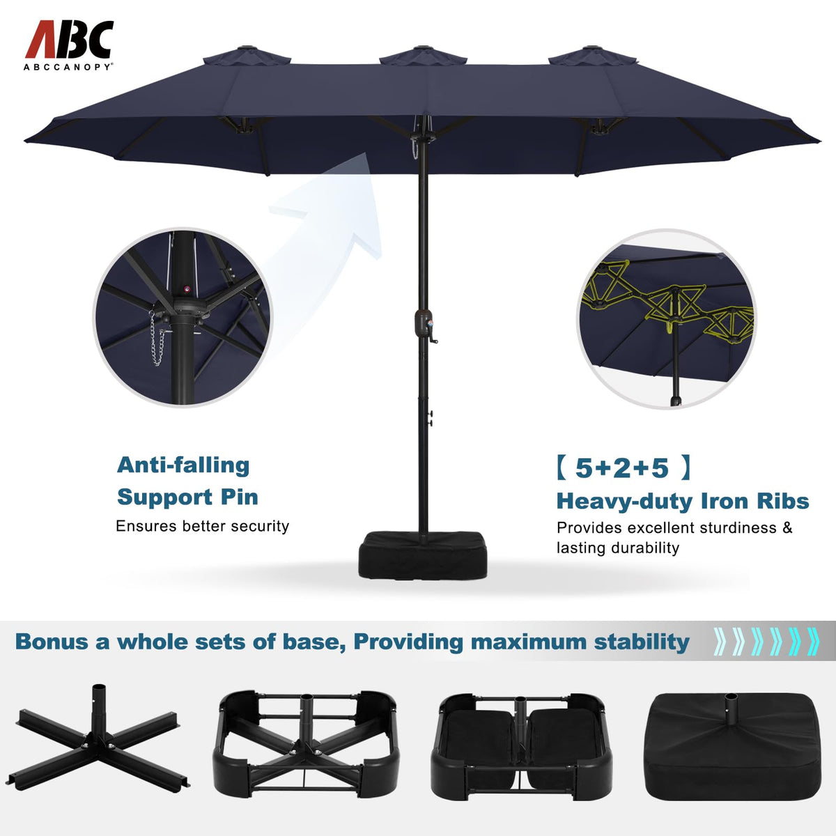 15FT Double-Sided Rectangle Patio Umbrella with Base Navy Blue D93324