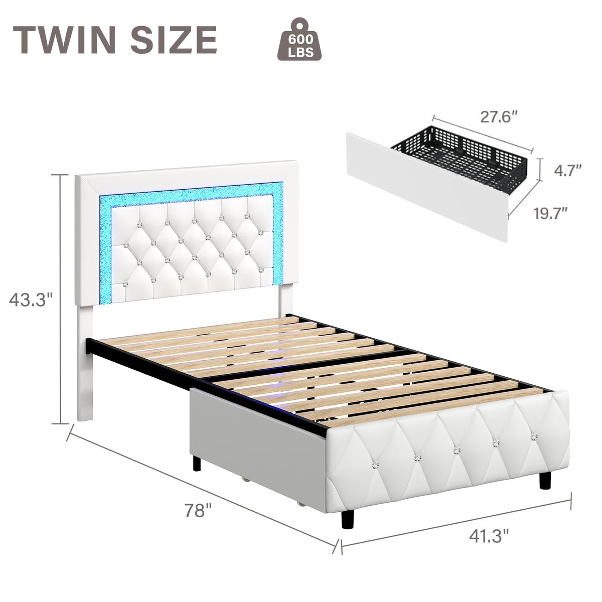 White Twin Bed Frame with Storage Drawers and LED Lights C8589