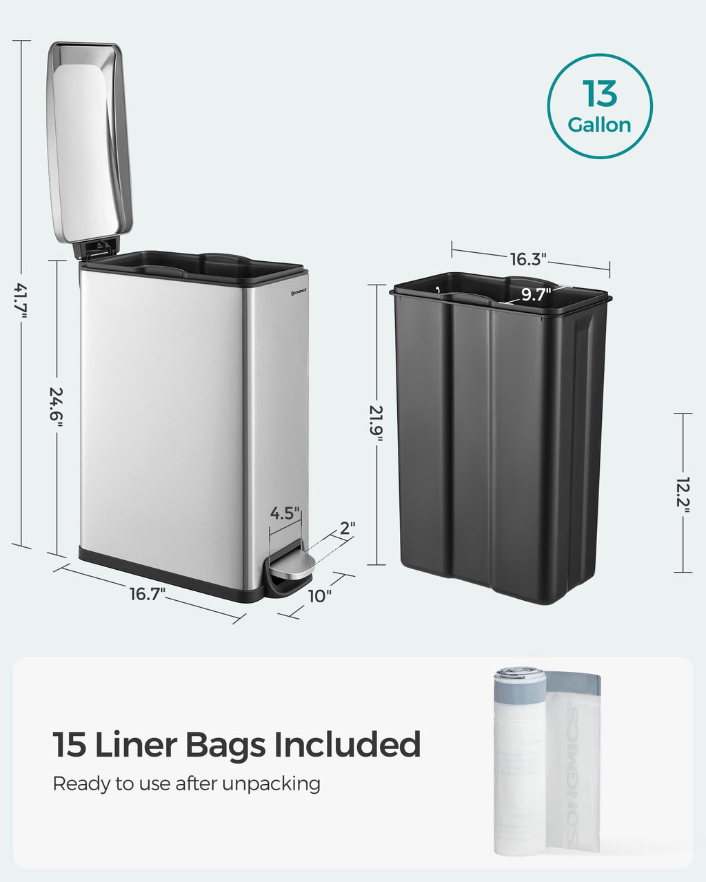 13 Gallon Stainless Steel Kitchen Trash Can with Lid K610076