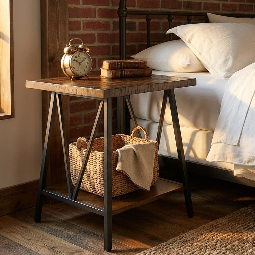 Mid Century Modern End Table with Storage, 2-Tier Open Shelves, Cherry Walnut S829812