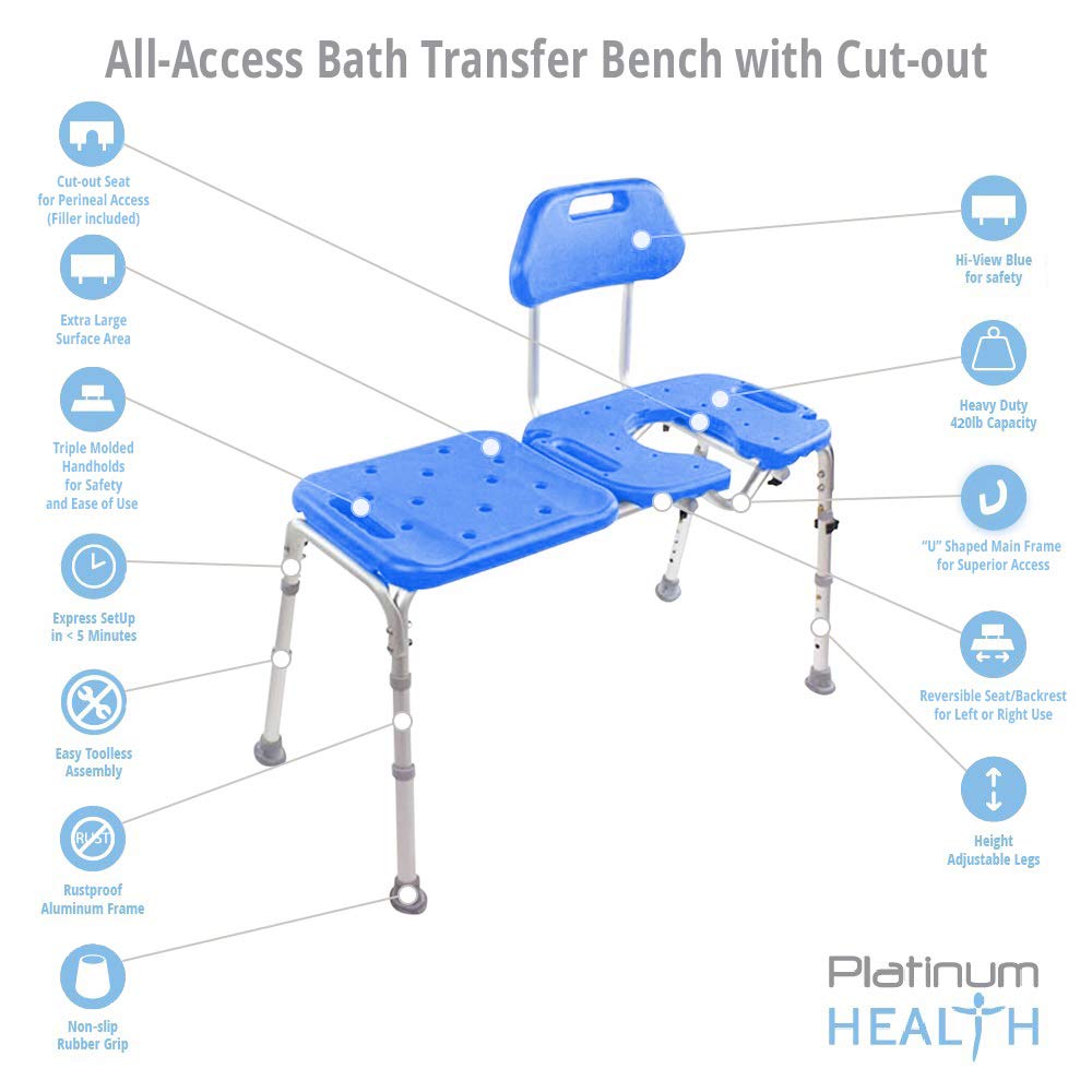 Bath Transfer Bench with Cutout Shower Seat, Adjustable Height, Blue U819886