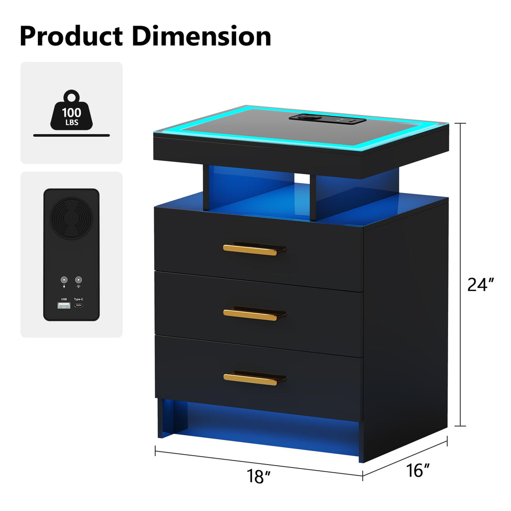 Black 3 Drawer LED Nightstand with Charging Station Z873