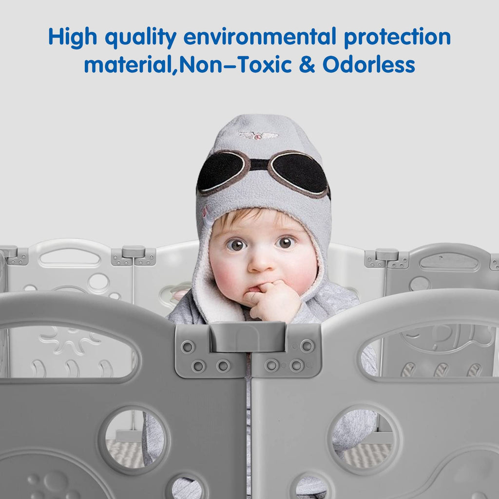 18 Panel Grey White Foldable Kids Playpen Safety Lock Gate E57697