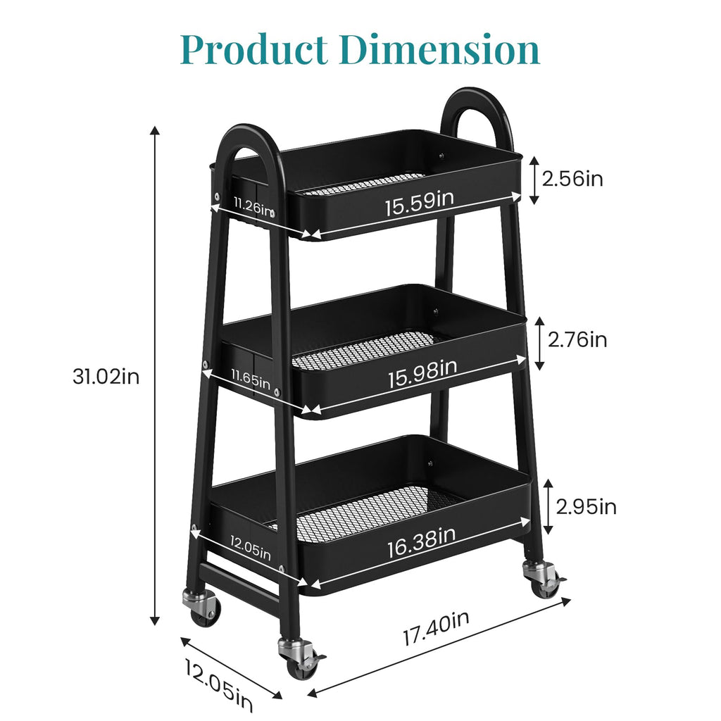 3-Tier Metal Rolling Utility Cart with Lockable Wheels E9888