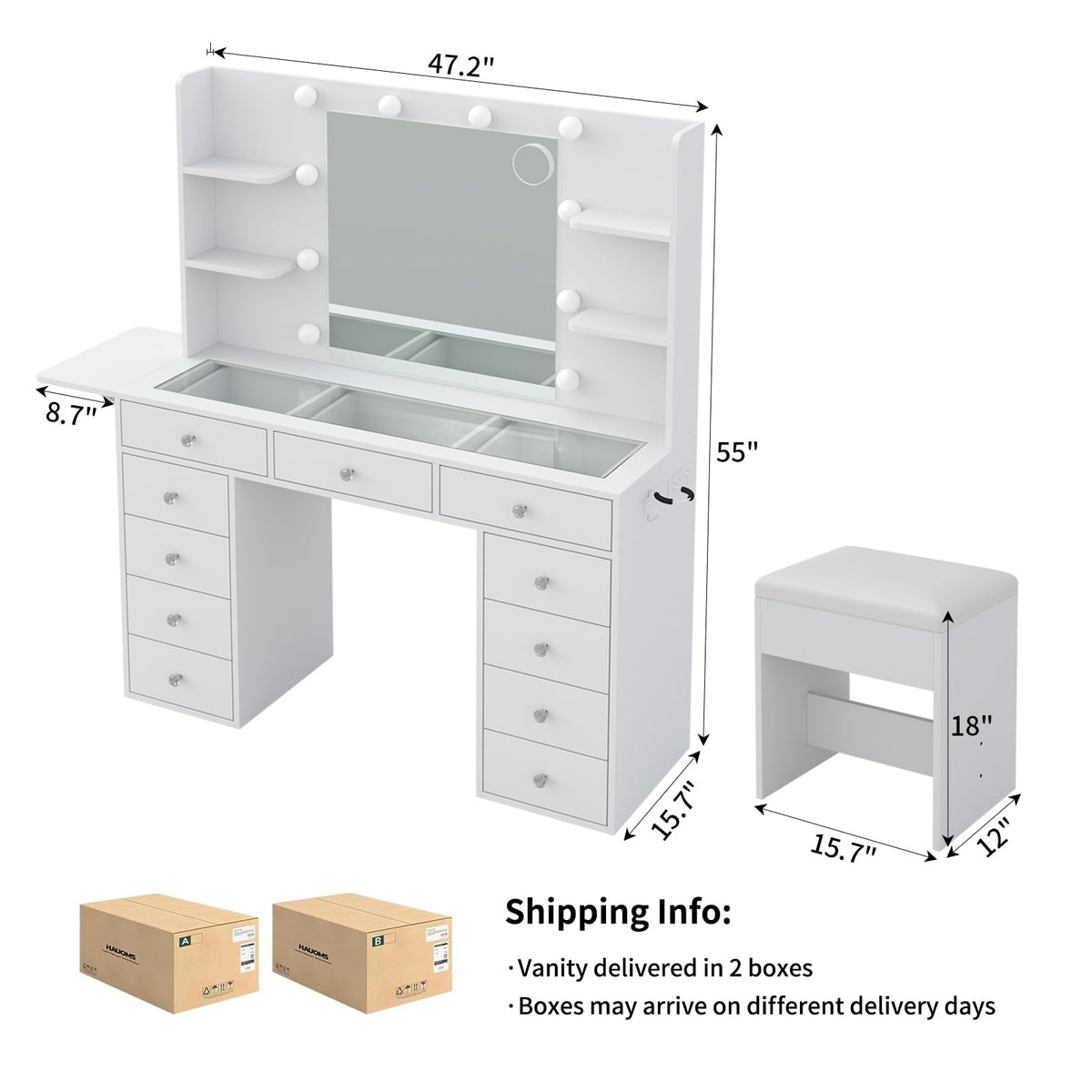 Vanity Desk with Mirror and 12 LED Lights, 11 Drawers & 4 Shelves S950