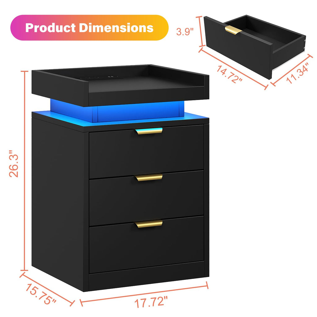Black 3 Drawer LED Nightstand with Charging Station I687382