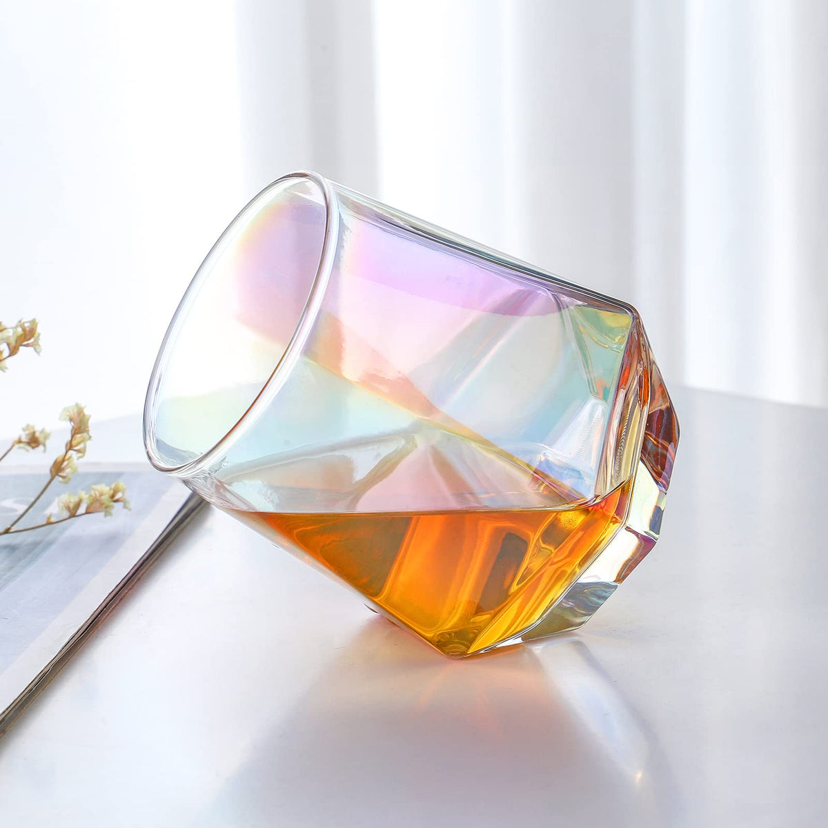 Stemless Wine Glasses Set of 6, 10 Oz Iridescent Diamond Shaped Glassware T418600