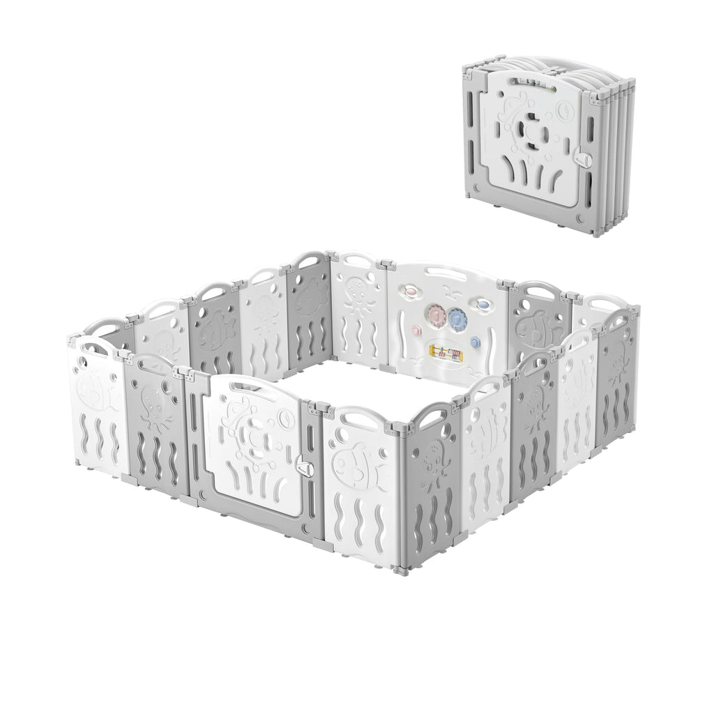 18 Panel Grey White Foldable Kids Playpen Safety Lock Gate E57697