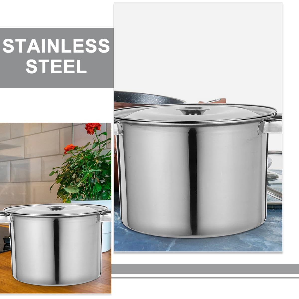 Stainless Steel Double Handle Soup Pot with Lid V589257