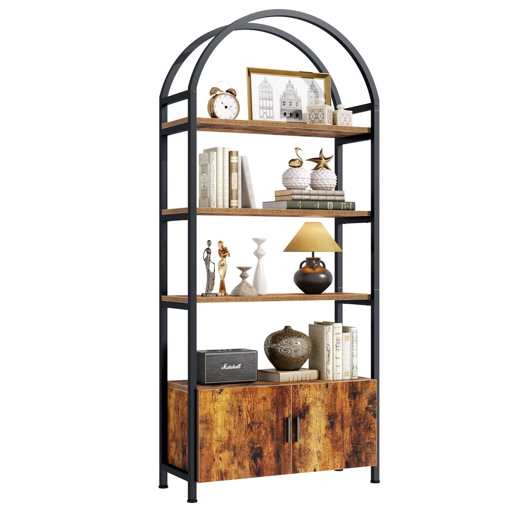 Arched 71 Inch Tall 5 Tier Wood and Metal Bookshelf with Storage Cabinet G161860