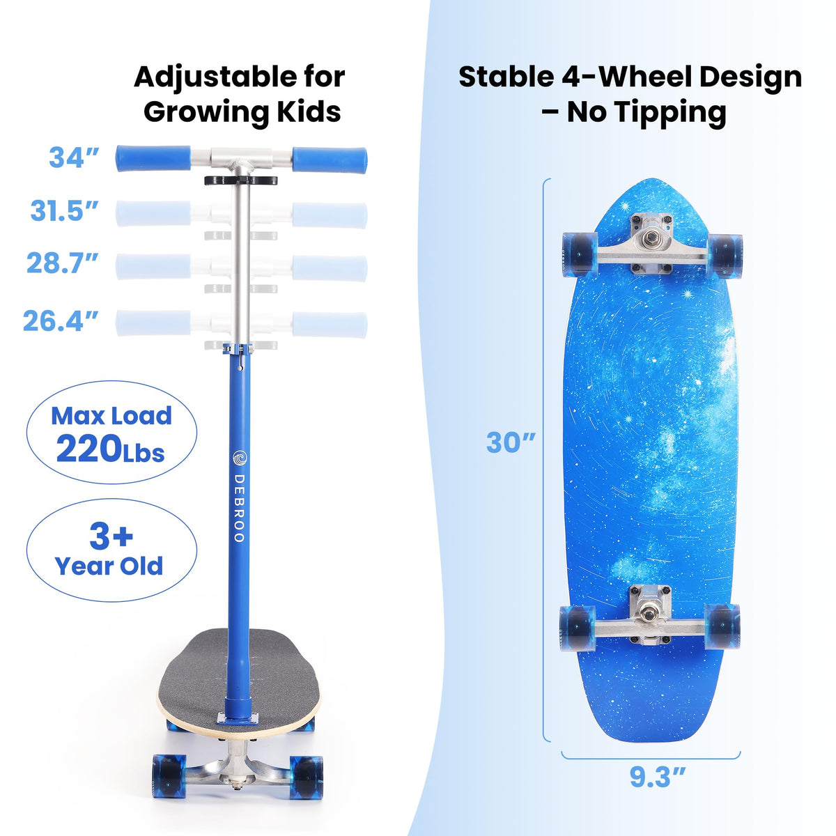 2-in-1 Kids Skateboard & Scooter with LED Light-Up Wheels, Adjustable Height, Blue Q144