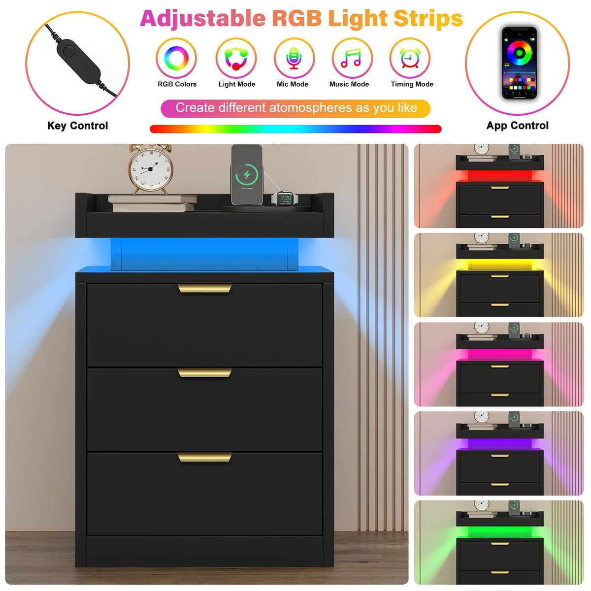 Black 3 Drawer LED Nightstand with Charging Station I687382
