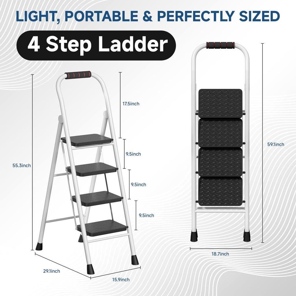 4 Step Ladder Folding Step Stool with Handrail 800lb White T366553