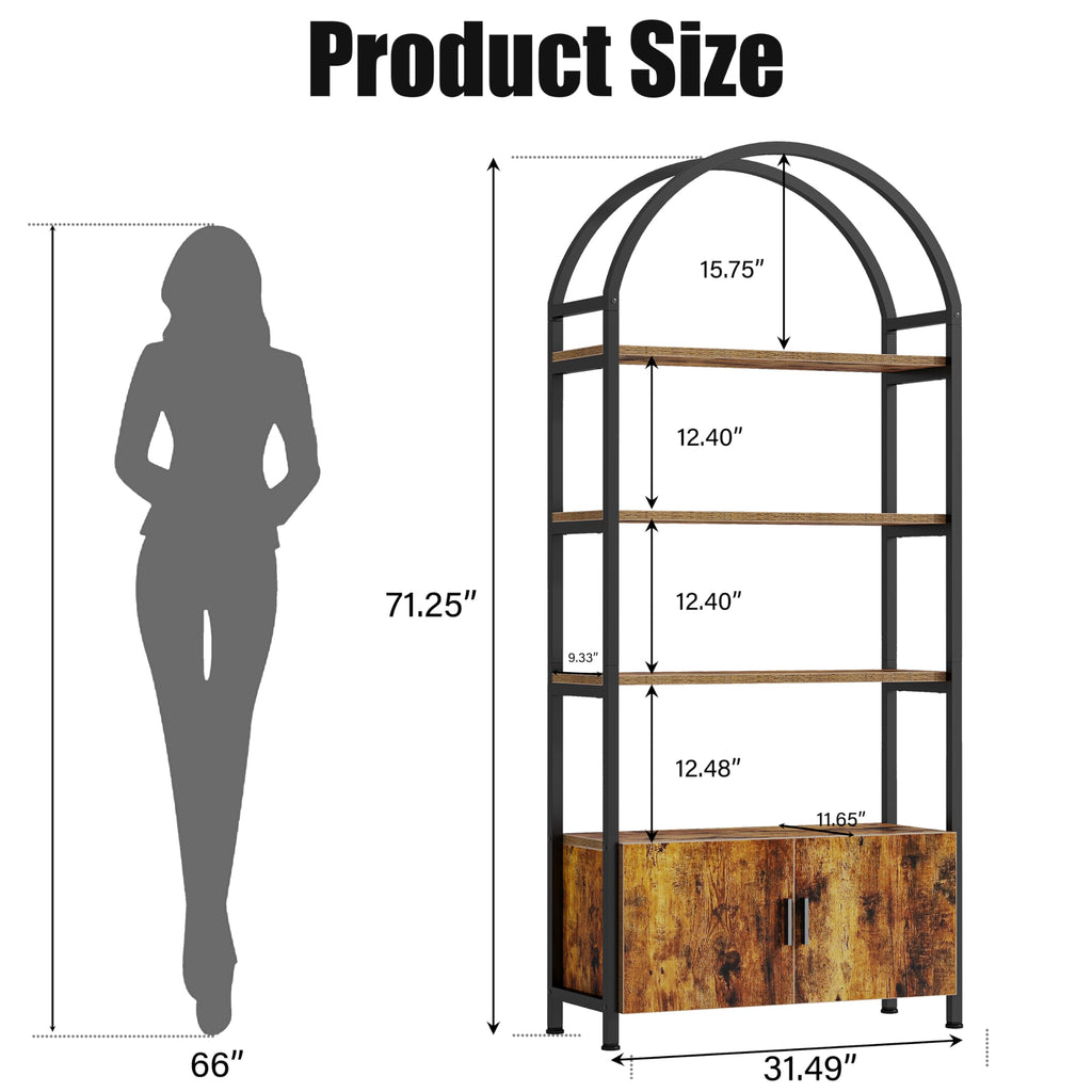 Arched 71 Inch Tall 5 Tier Wood and Metal Bookshelf with Storage Cabinet G161860