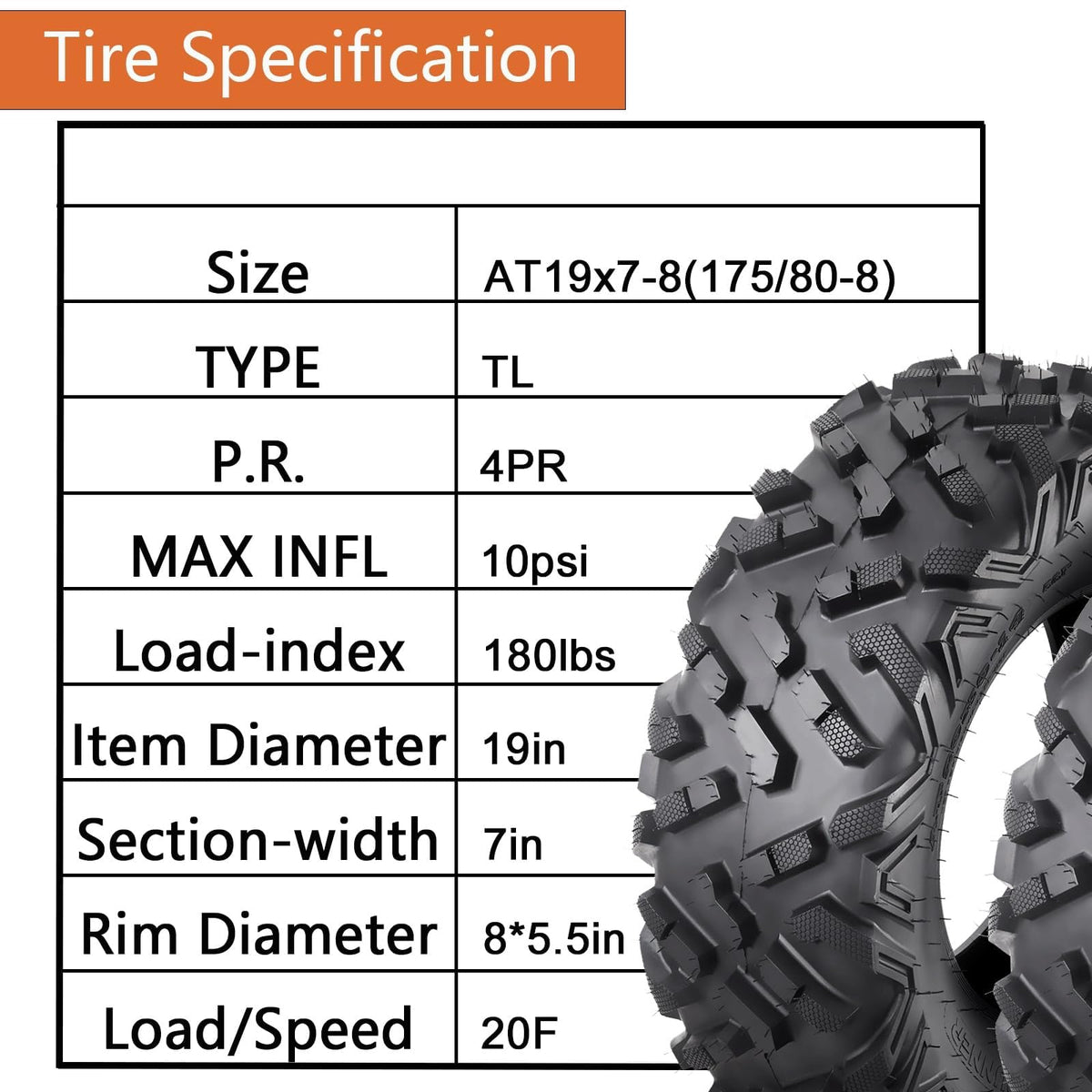 2 Pack 19x7-8 Tubeless All Terrain ATV Tires G3177