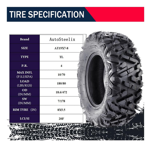 2 Pack 19x7-8 Tubeless All Terrain ATV Tires G3177