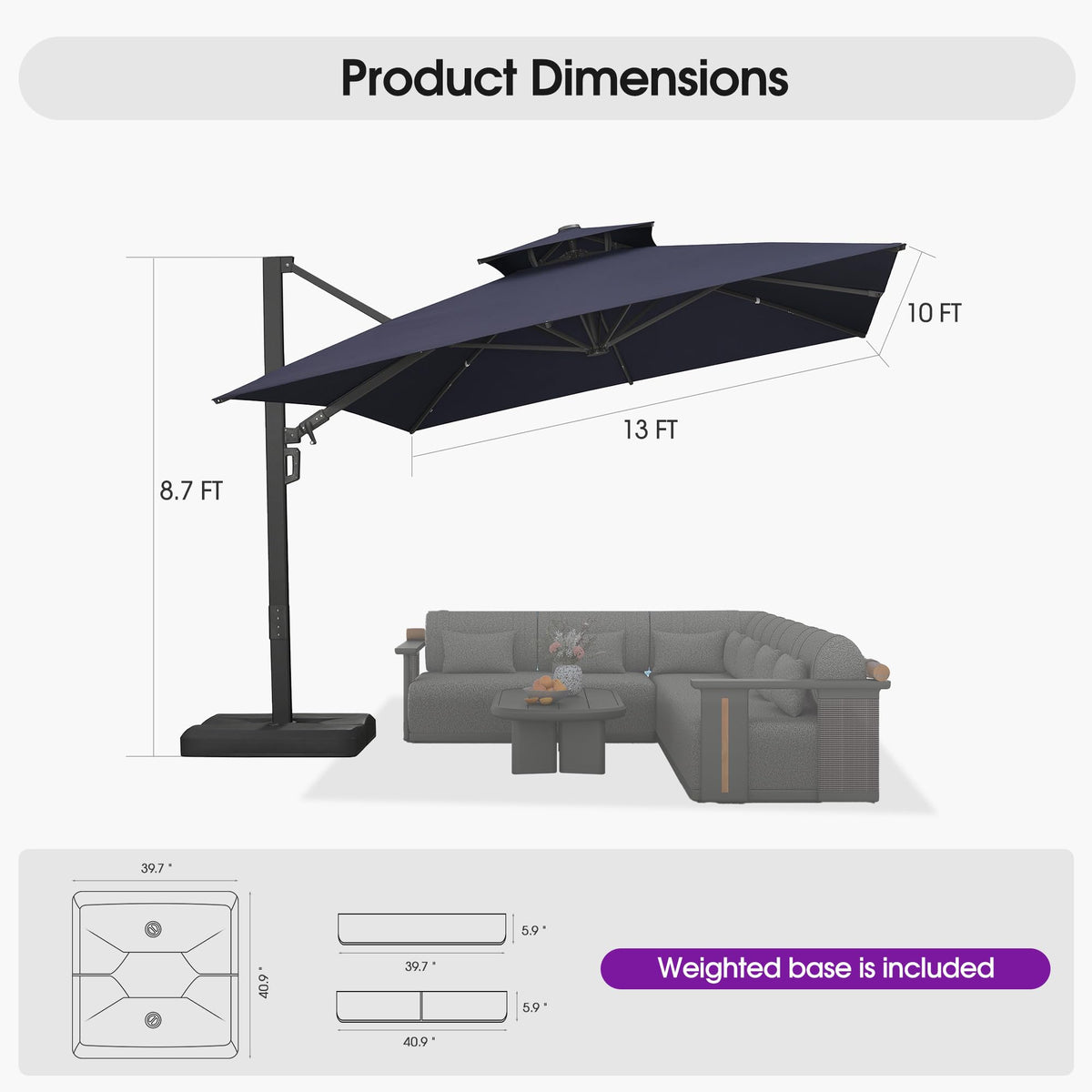 Navy Blue 10' X 13' Dual-Top Cantilever Umbrella with Base B53322