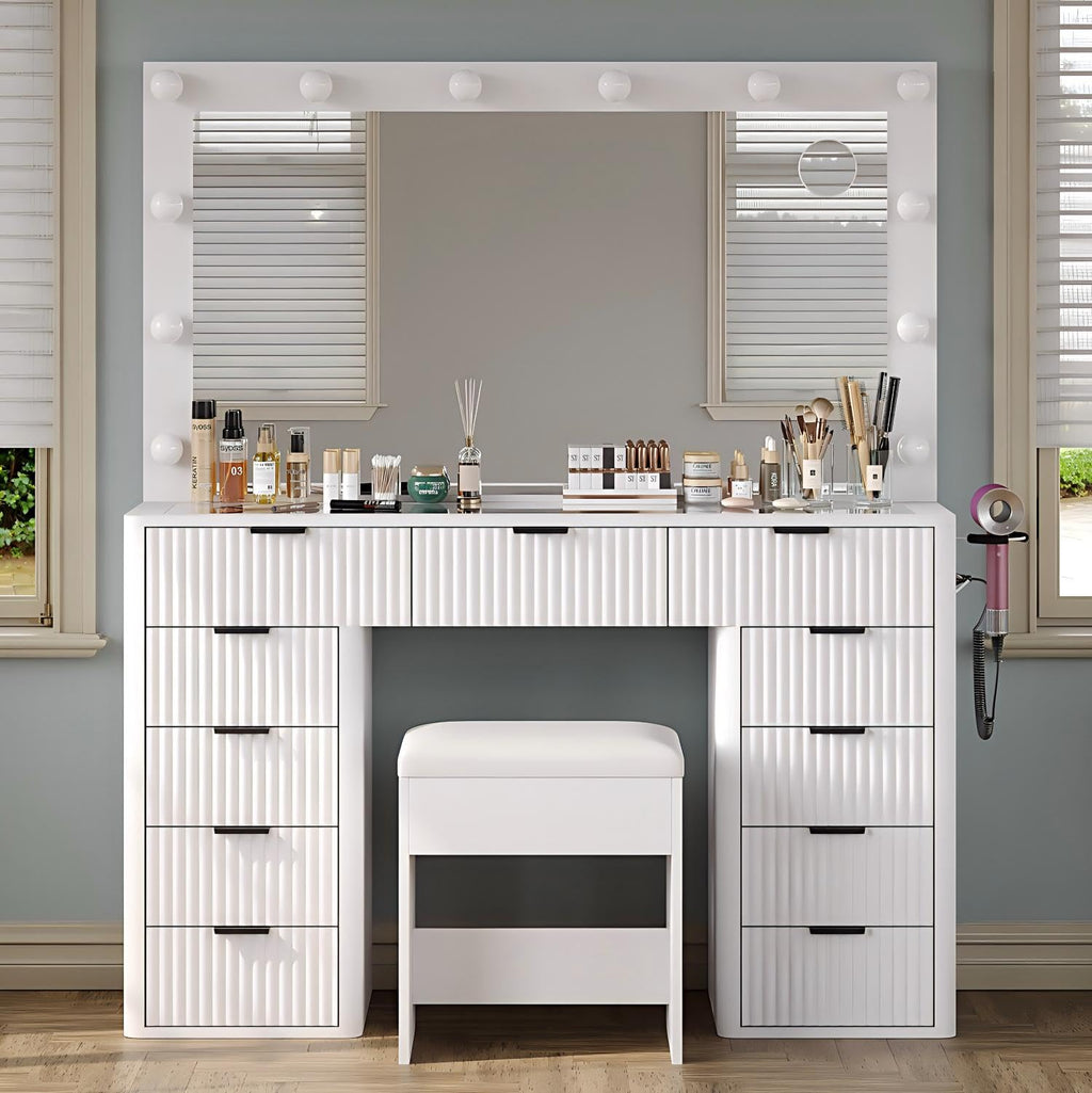 47" White Vanity Desk with 3-Color LED Mirror & 11 Drawers A937