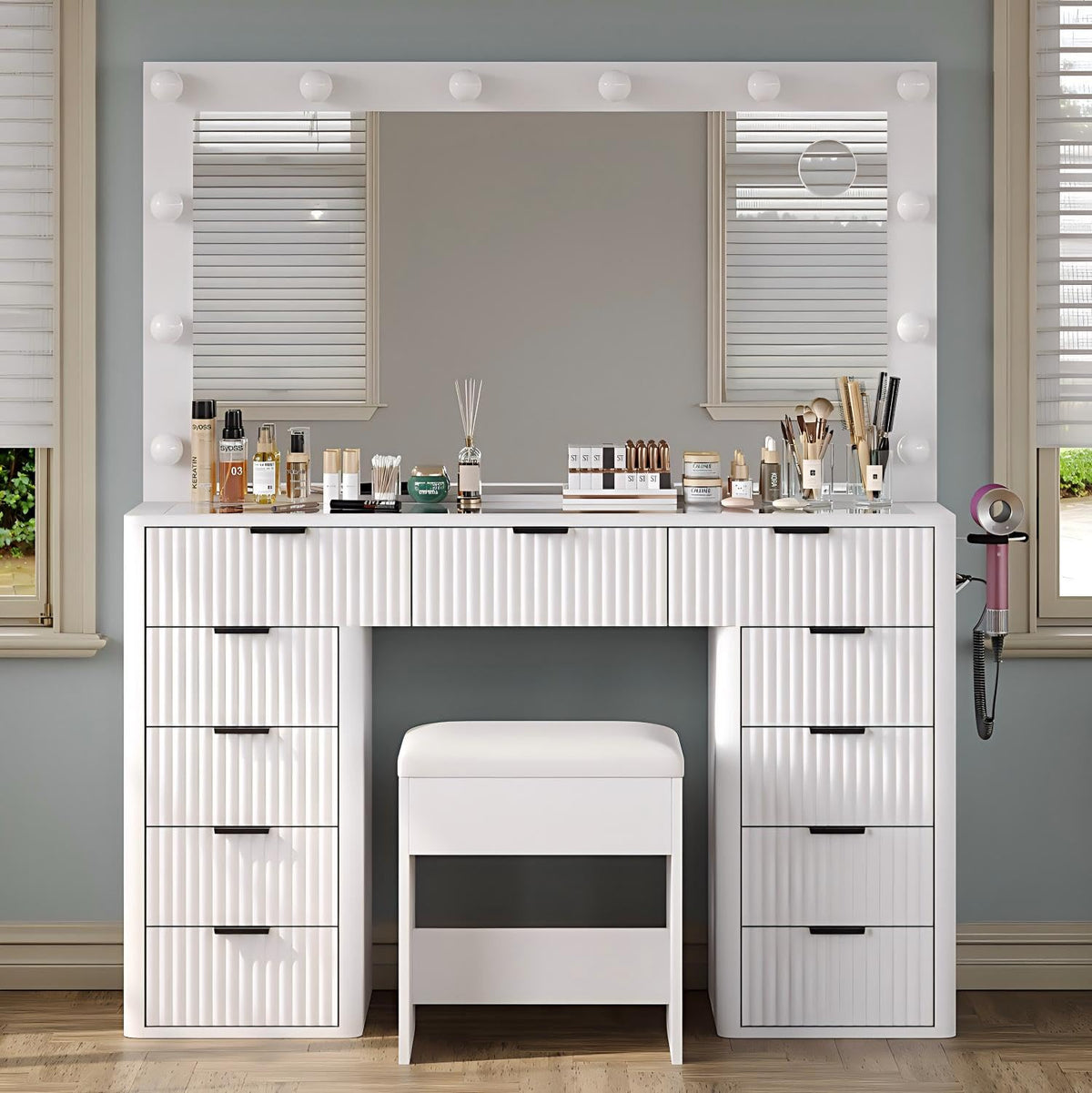 47" White Vanity Desk with 3-Color LED Mirror & 11 Drawers A937