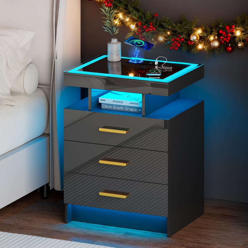 Black 3 Drawer LED Nightstand with Charging Station Z873