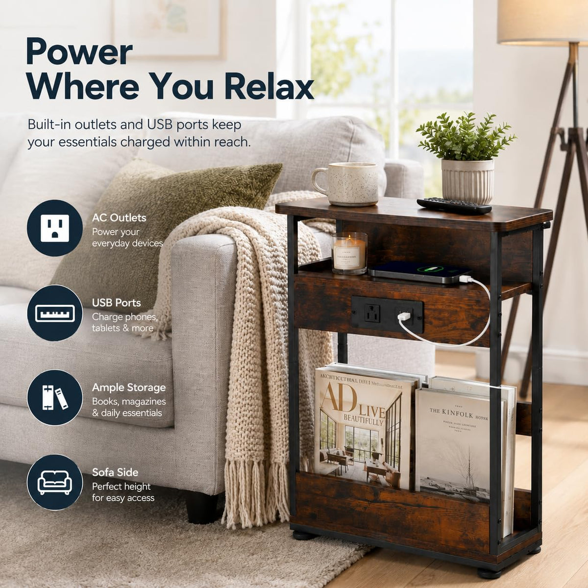 Narrow Side Table with Charging Station Q3729