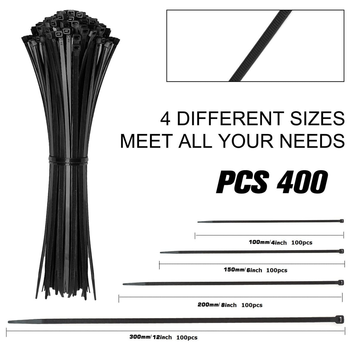 Black Assorted Sizes Nylon Cable Zip Ties 400 Pack Z7317
