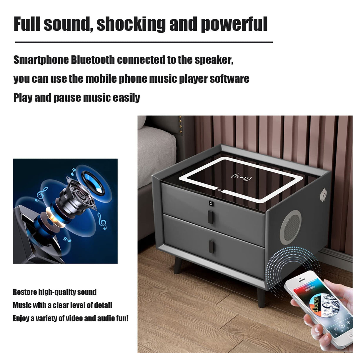 White Nightstand with Charging Station and Bluetooth Speaker W84560