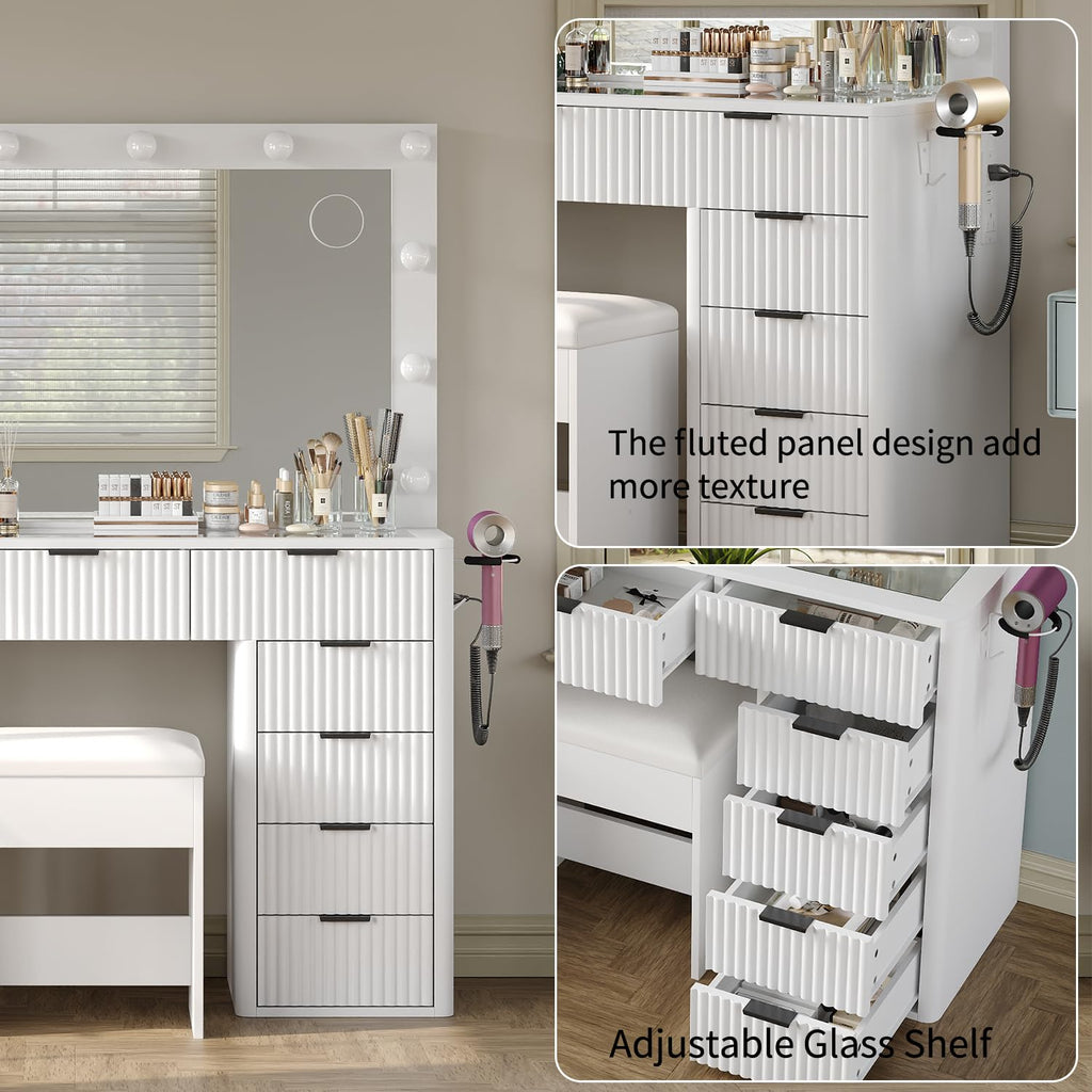 47" White Vanity Desk with 3-Color LED Mirror & 11 Drawers A937