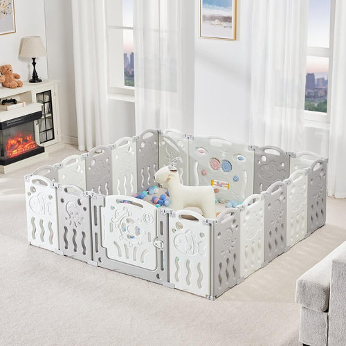 18 Panel Grey White Foldable Kids Playpen Safety Lock Gate E57697