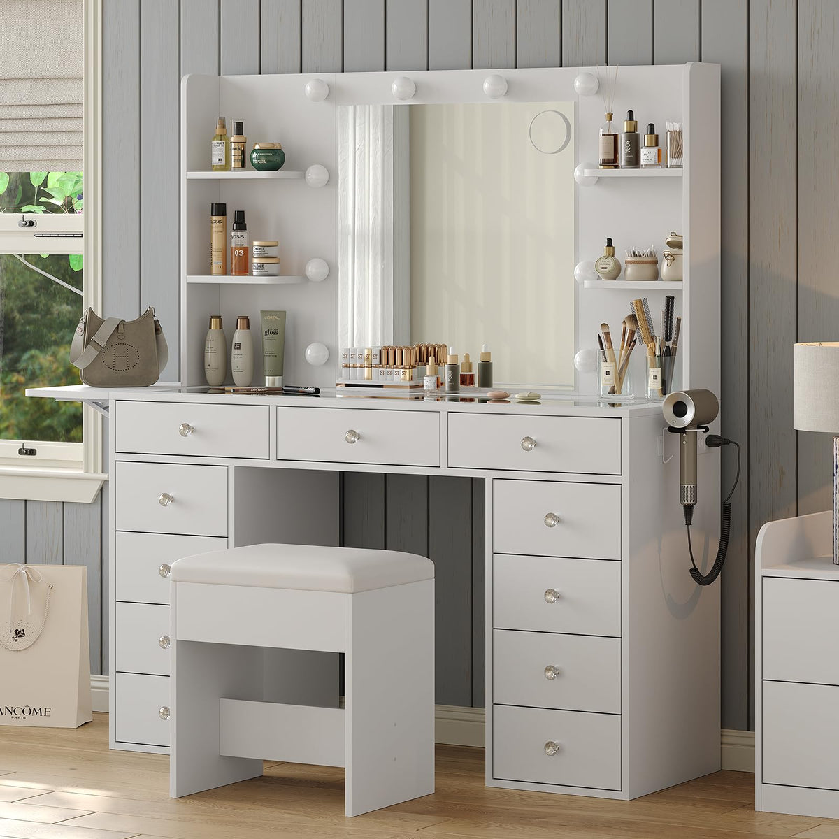 Vanity Desk with Mirror and 12 LED Lights, 11 Drawers & 4 Shelves S950