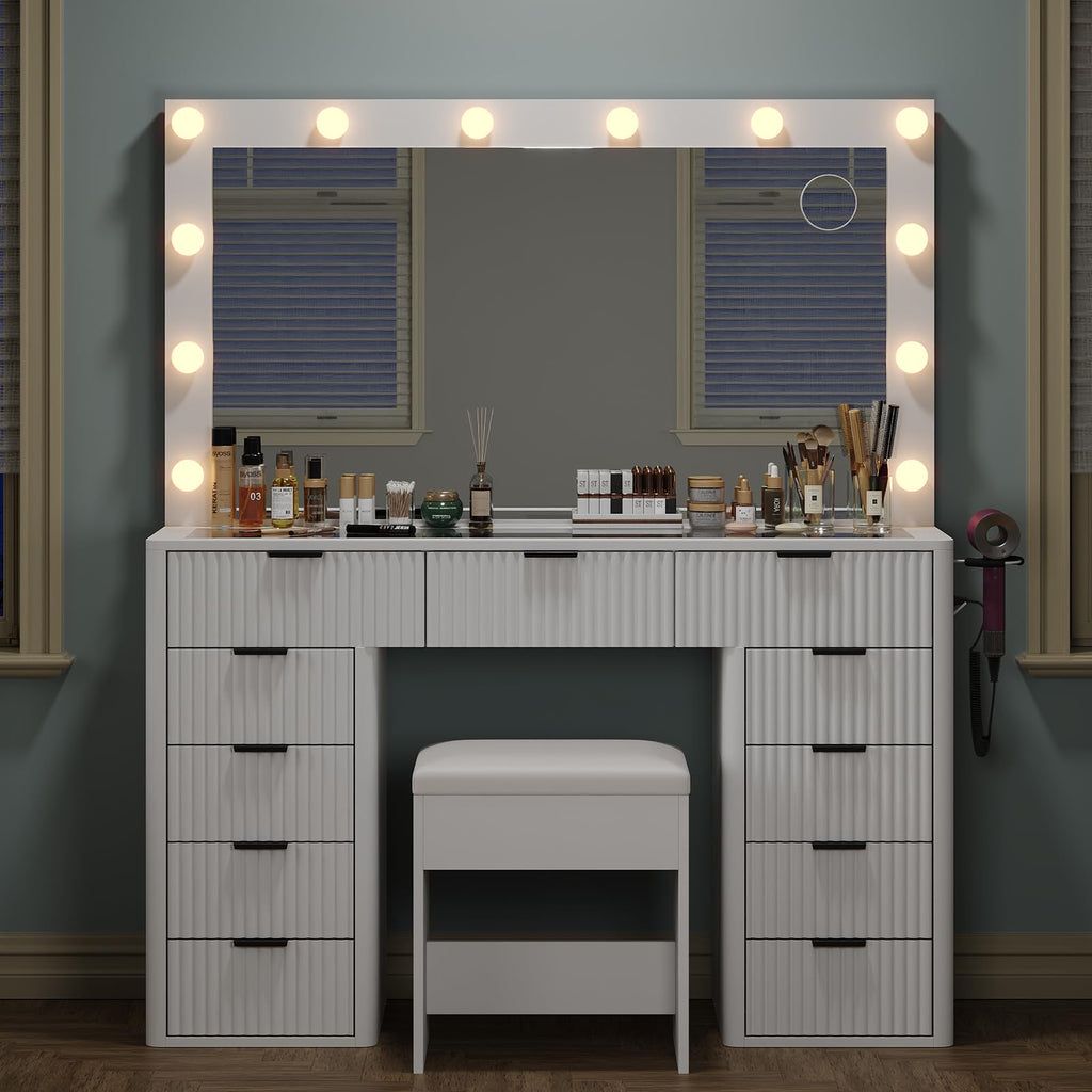 47" White Vanity Desk with 3-Color LED Mirror & 11 Drawers A937