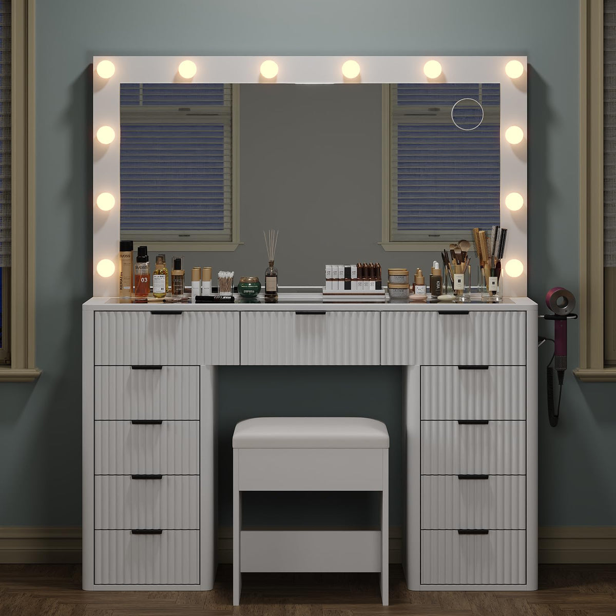 47" White Vanity Desk with 3-Color LED Mirror & 11 Drawers A937