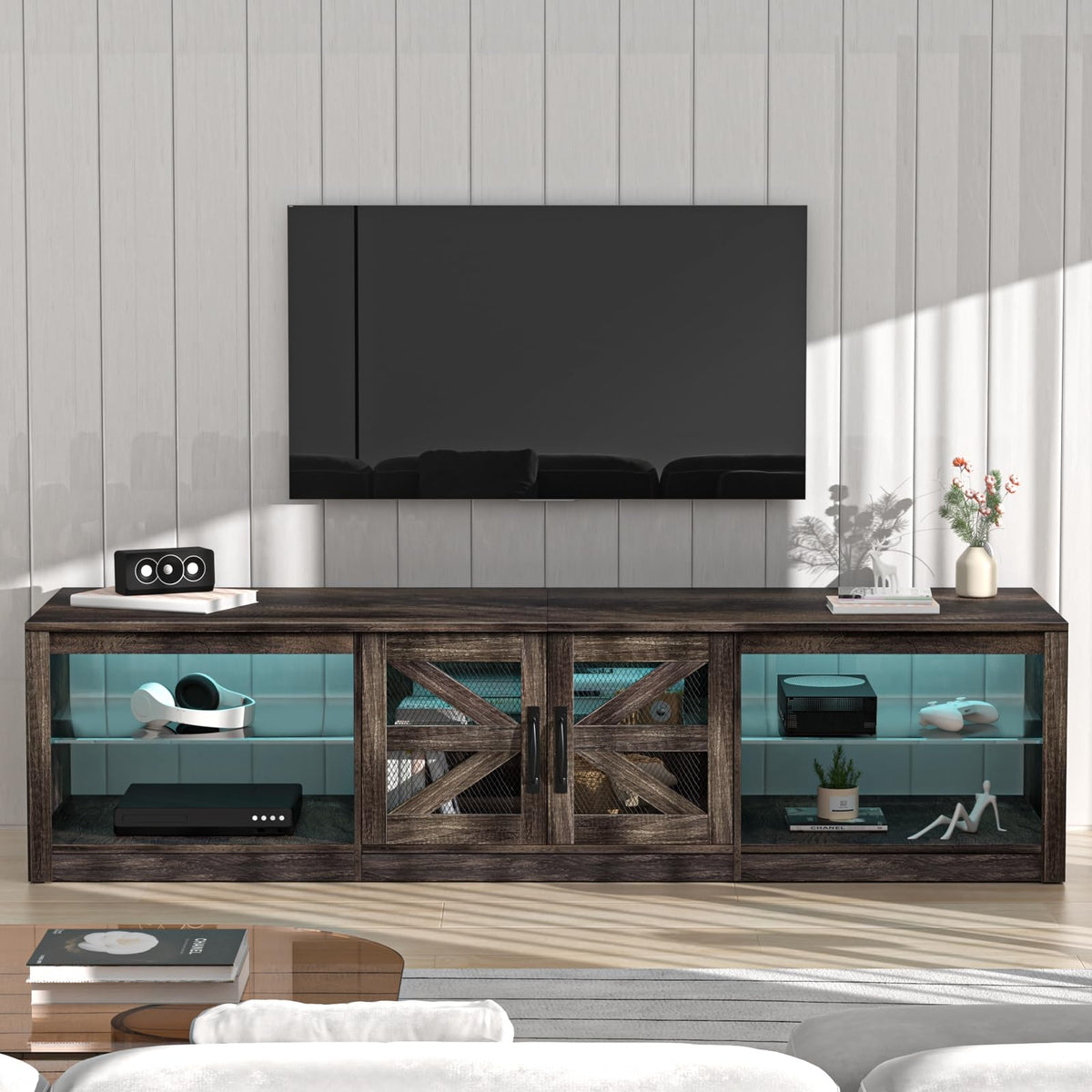 Rustic Brown Grey TV Stand with Sliding Barn Door S337098