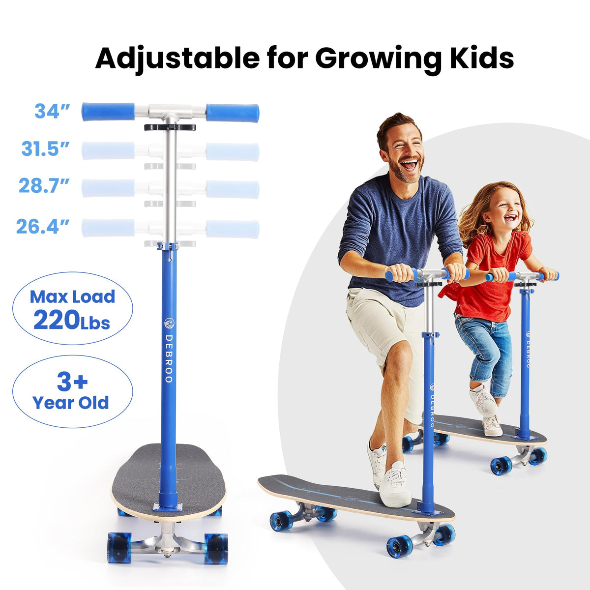 2-in-1 Kids Skateboard & Scooter with LED Light-Up Wheels, Adjustable Height, Blue Q144