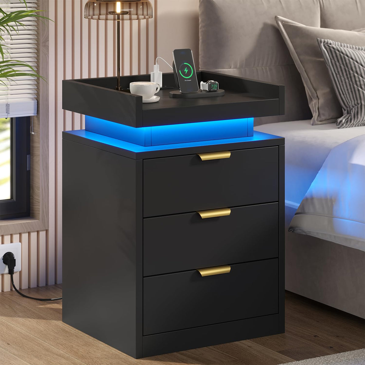 Black 3 Drawer LED Nightstand with Charging Station I687382