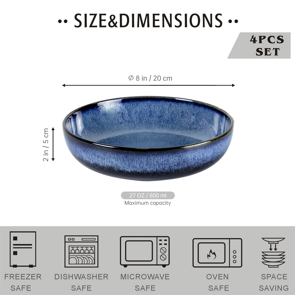 Ceramic Pasta Bowls Set of 4, 26 oz Blue R733
