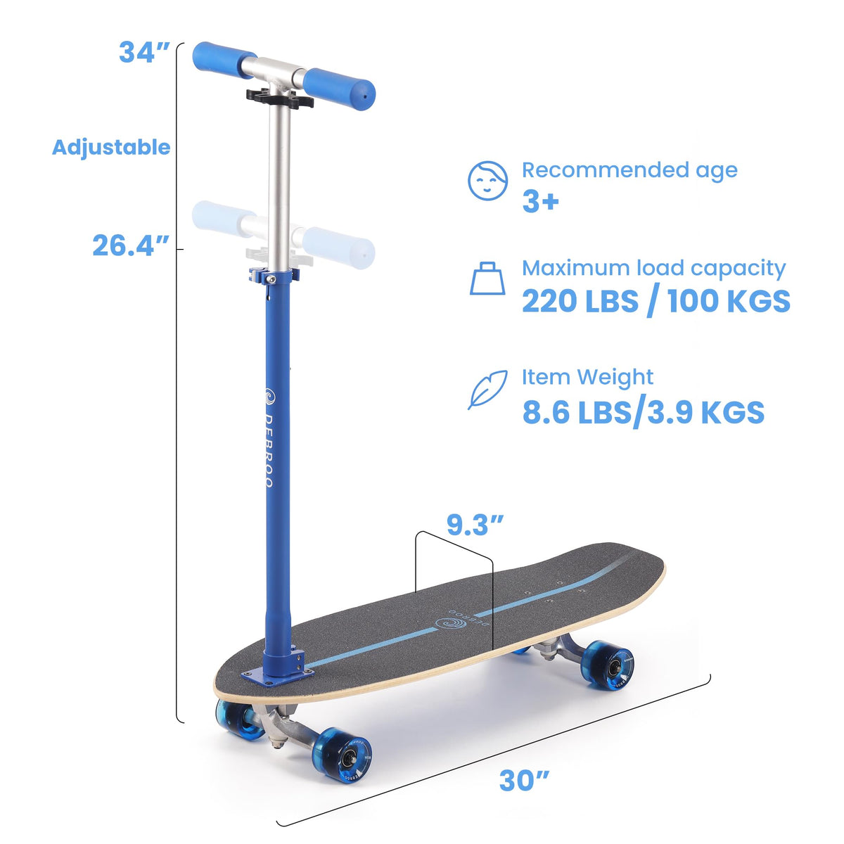 2-in-1 Kids Skateboard & Scooter with LED Light-Up Wheels, Adjustable Height, Blue Q144