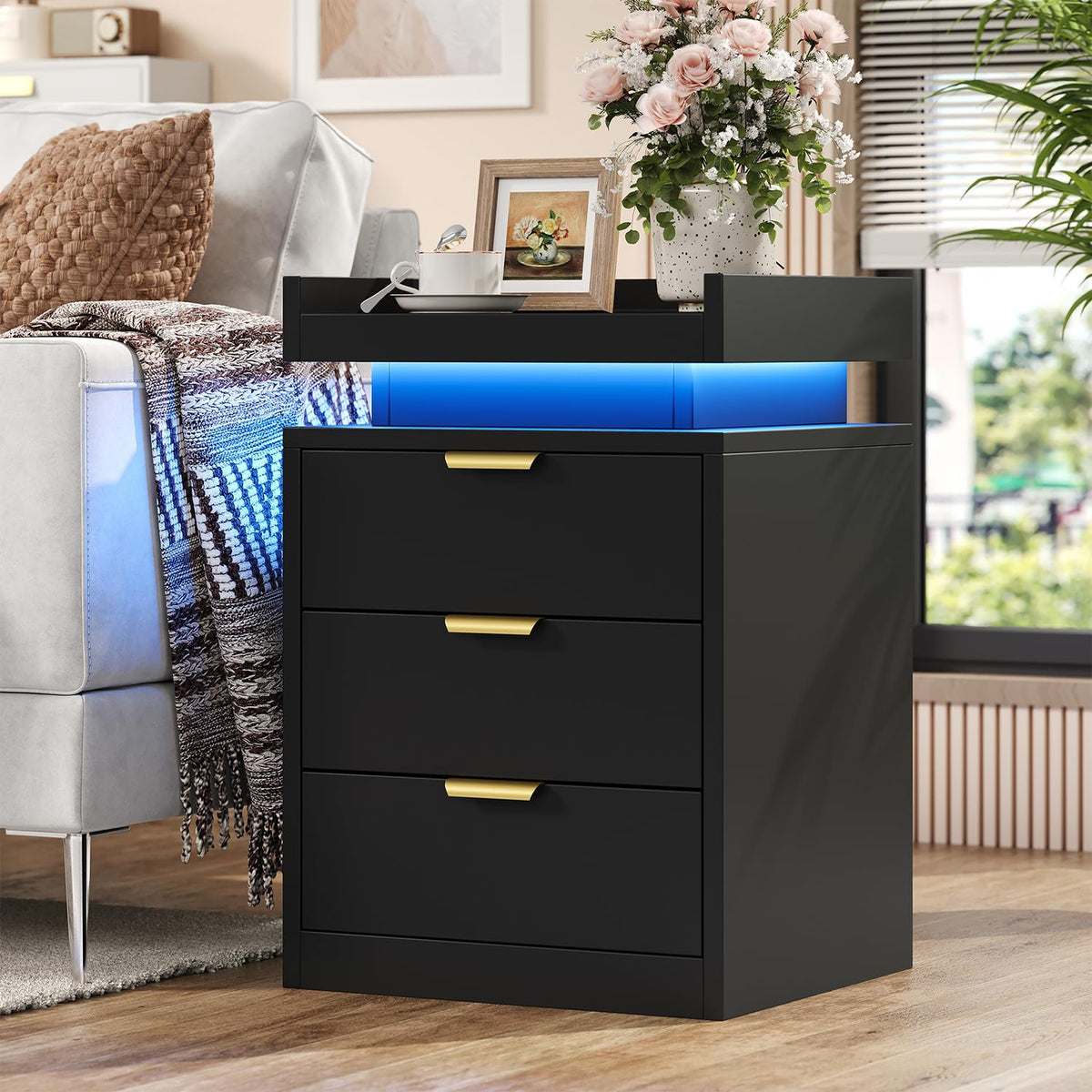 Black 3 Drawer LED Nightstand with Charging Station I687382
