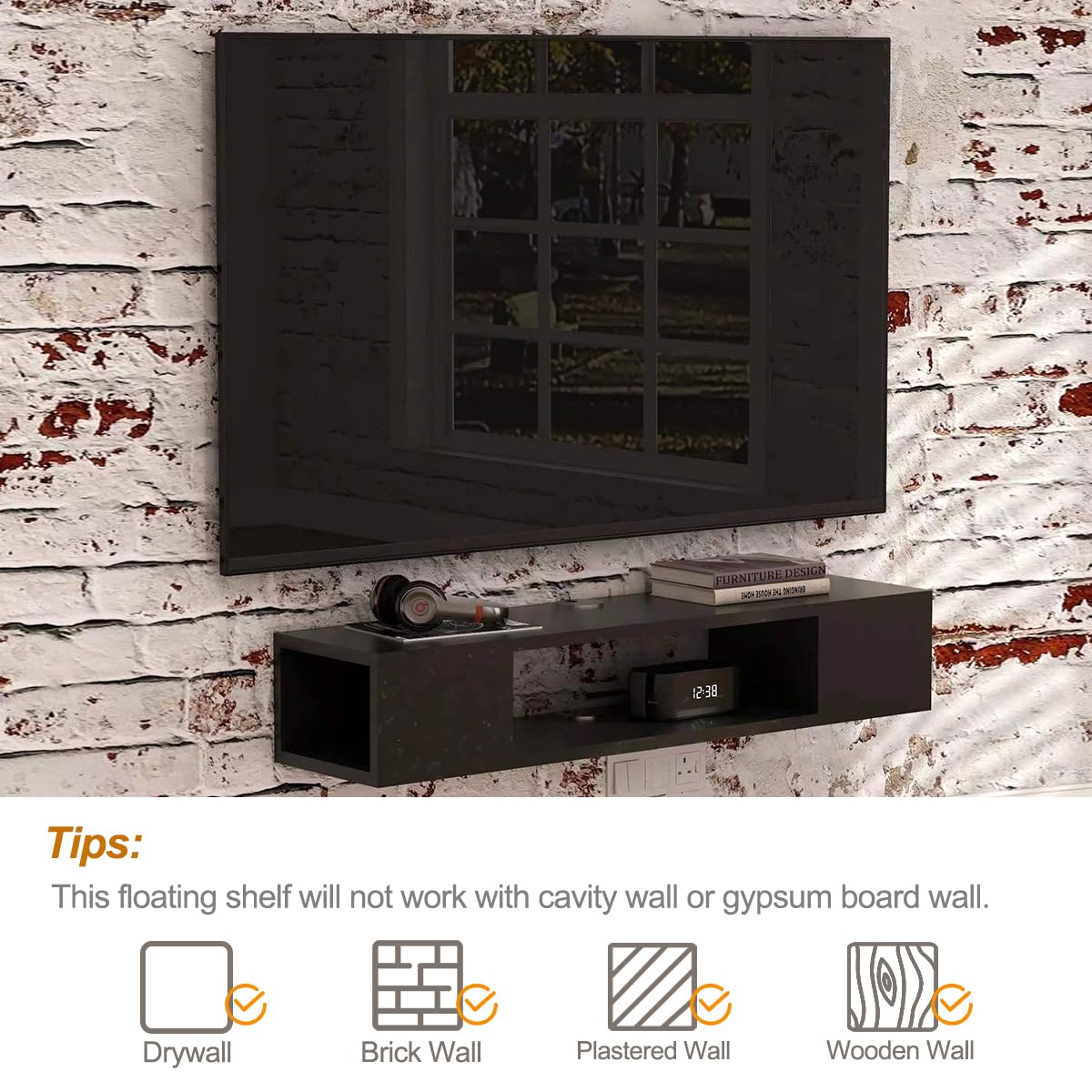 Black Wall Mounted Floating TV Stand with Storage A1136