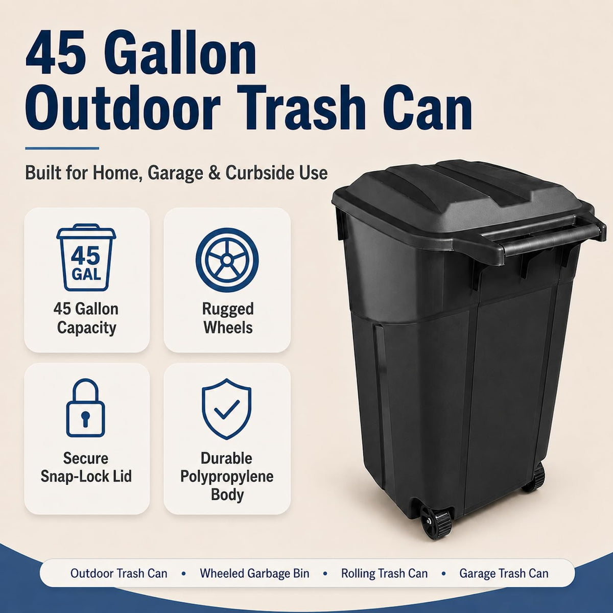 45 Gallon Wheeled Outdoor Trash Can with Lid G8719