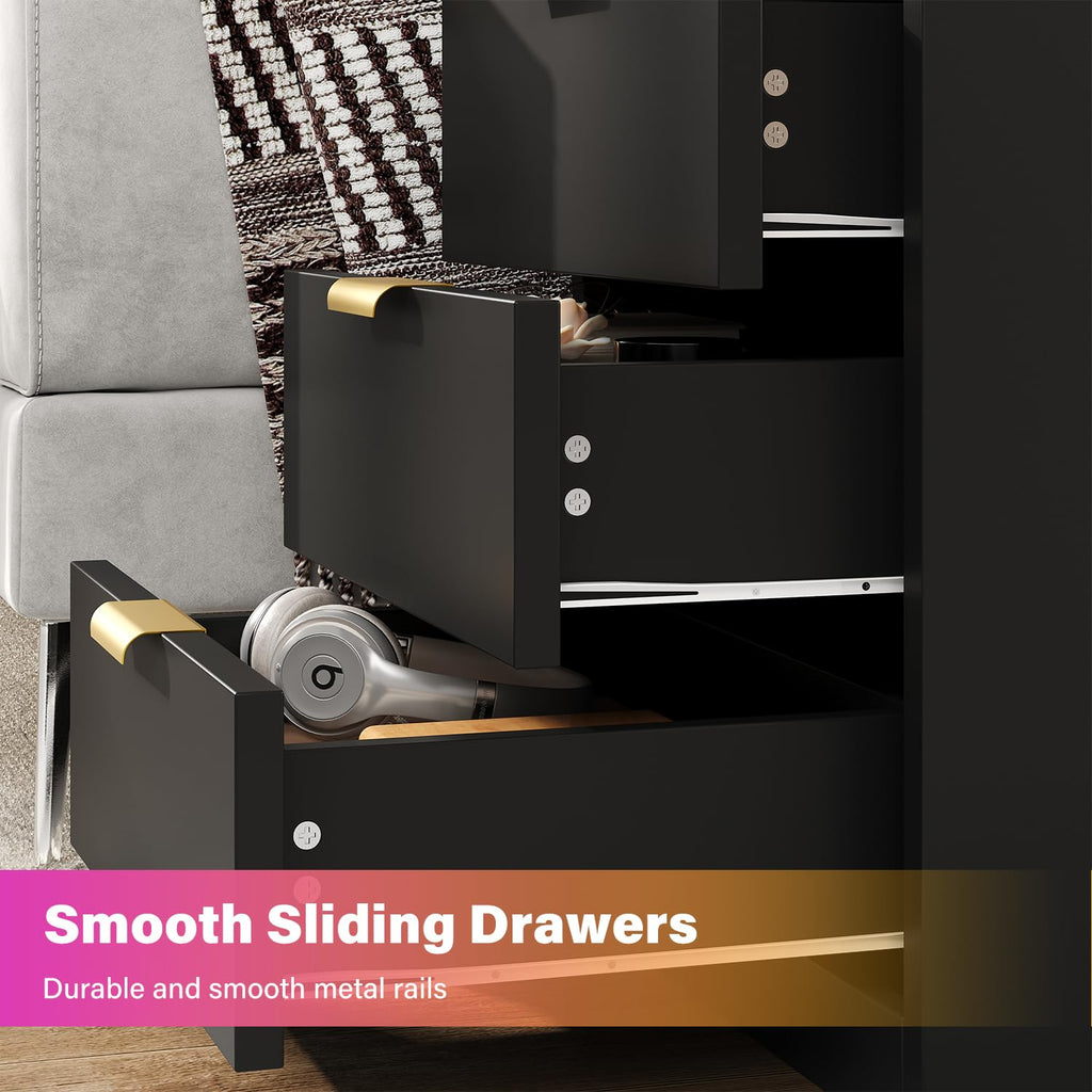 Black 3 Drawer LED Nightstand with Charging Station I687382