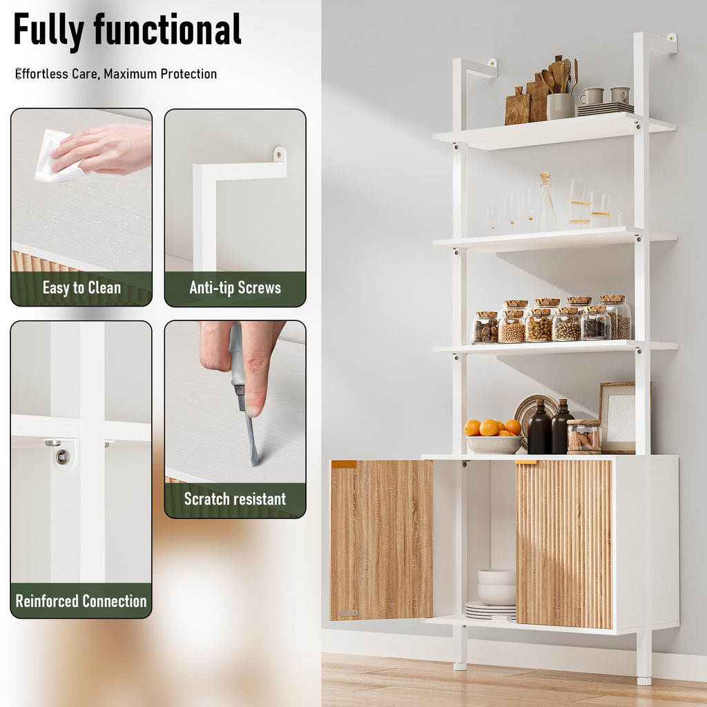 74" Tall White and Oak Bookshelf with Storage Cabinet H981