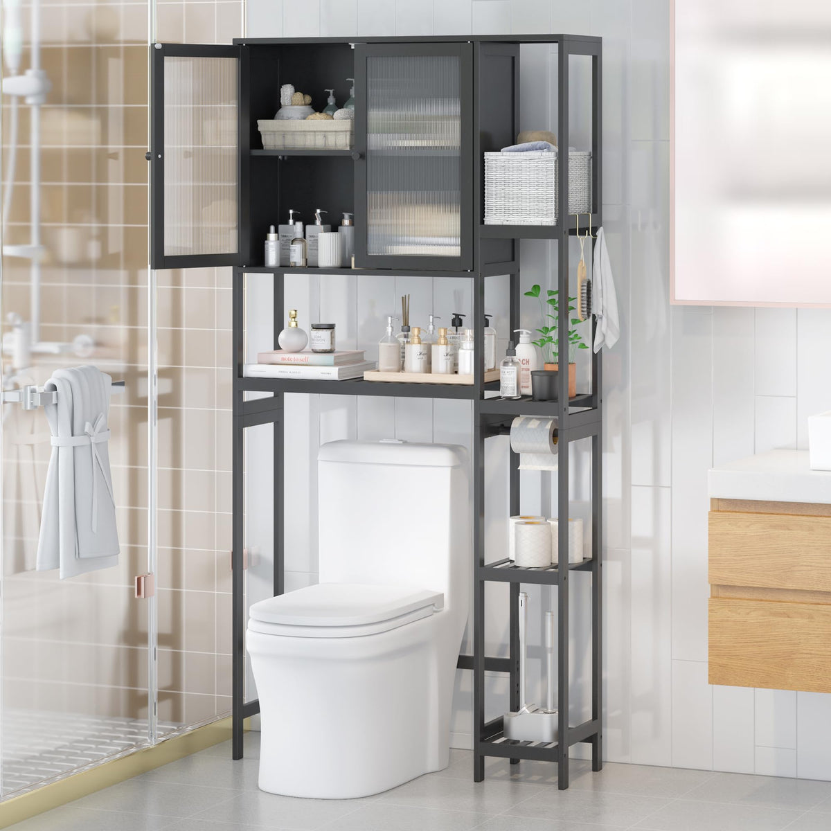 Black Over the Toilet Storage Cabinet with Adjustable Shelves T663