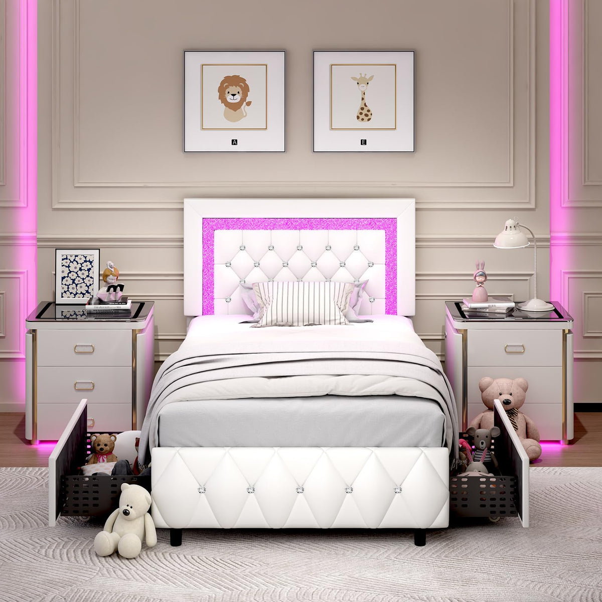 White Twin Bed Frame with Storage Drawers and LED Lights C8589