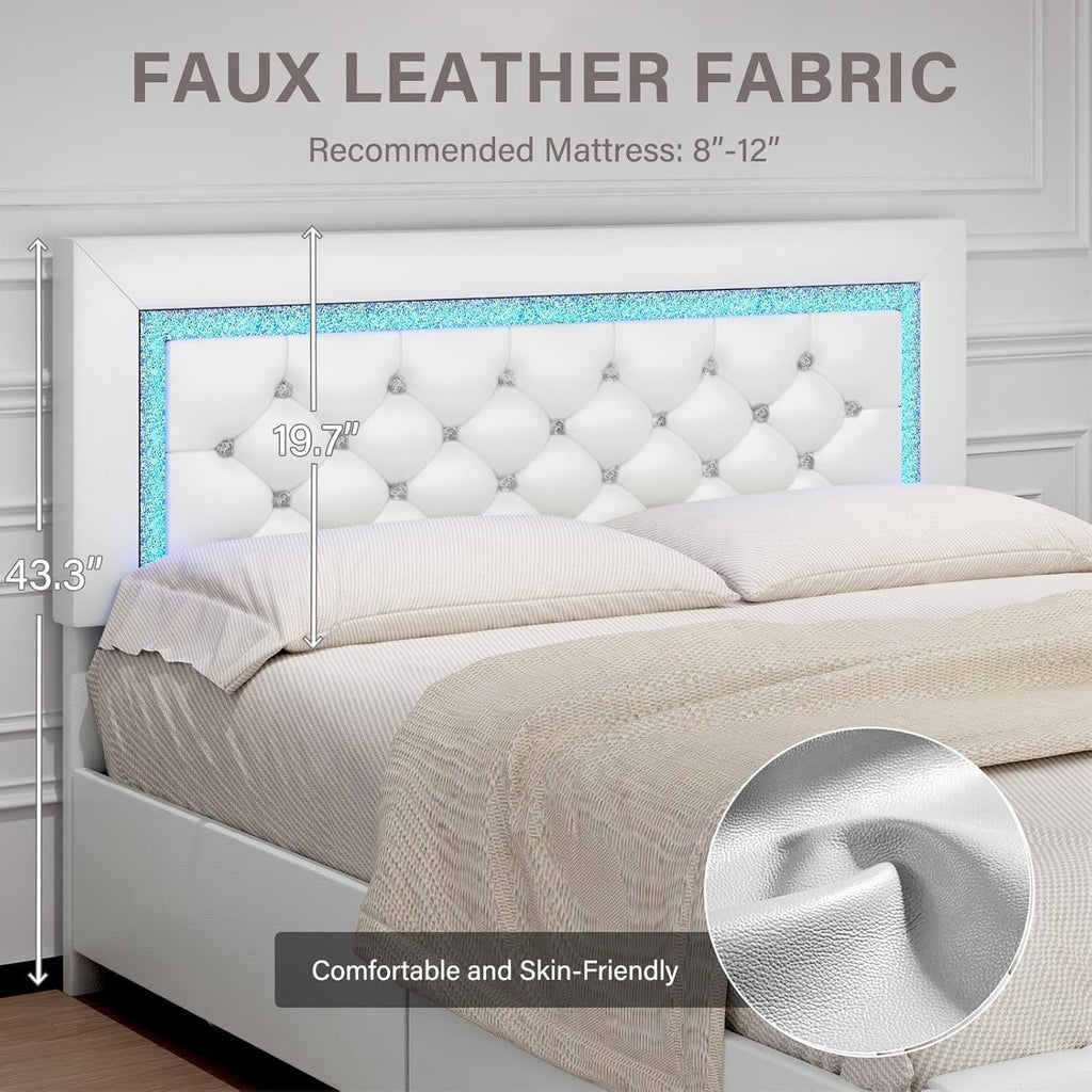 White Twin Bed Frame with Storage Drawers and LED Lights C8589